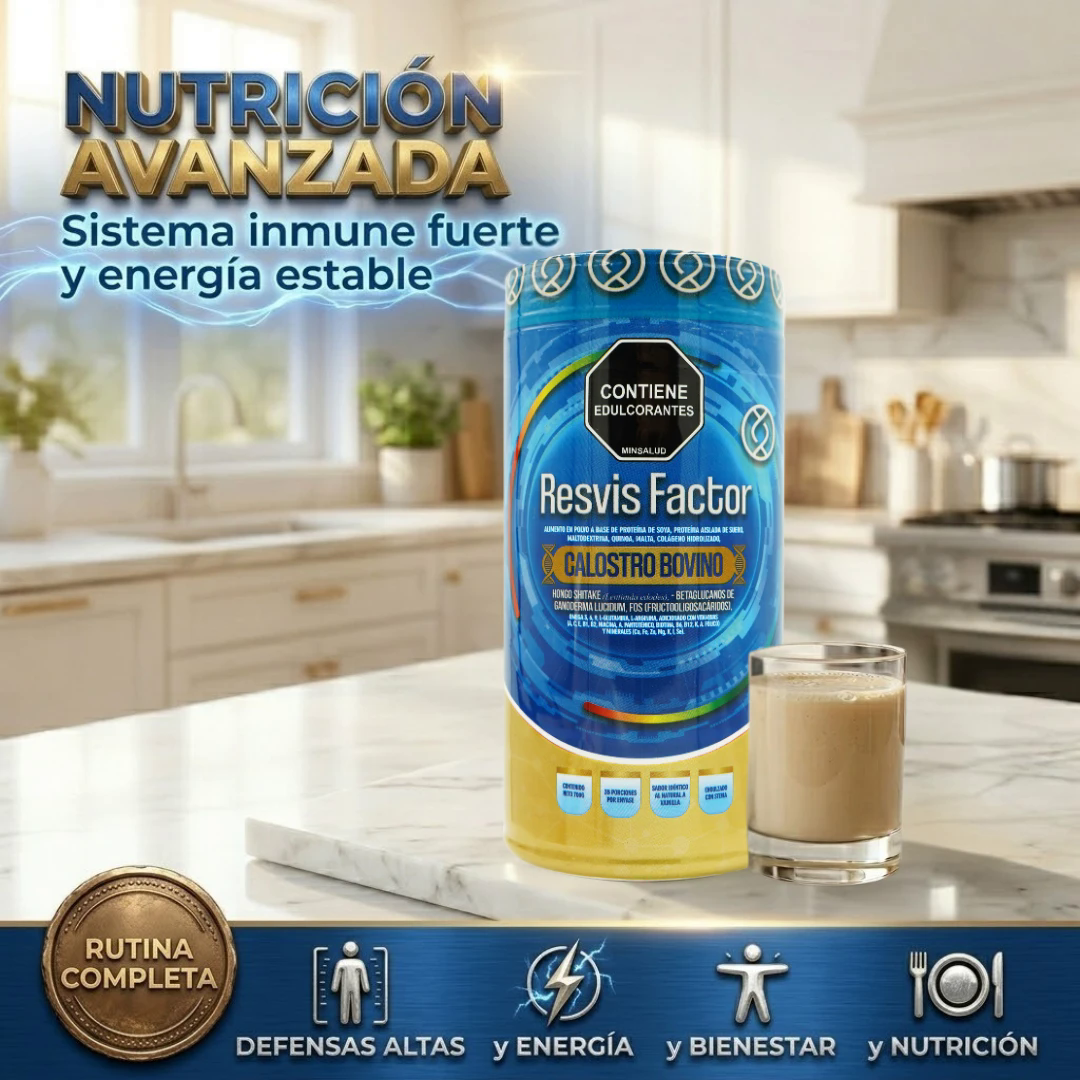 Tarro de Calostro de 700 g sobre el mesón de la cocina con el vaso ya servido