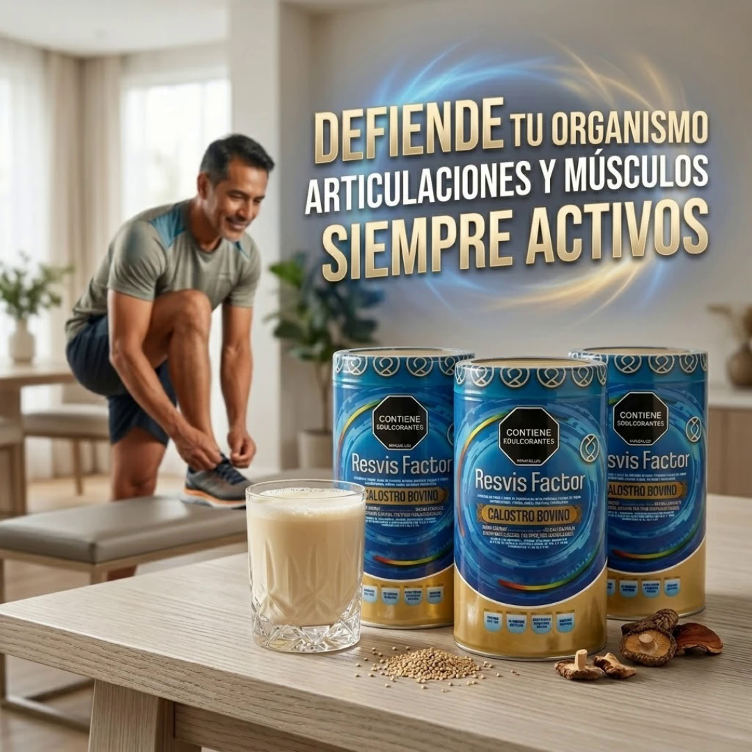 Tres tarros de Calostro junto a un vaso servido, shiitake y quinua sobre la mesa
